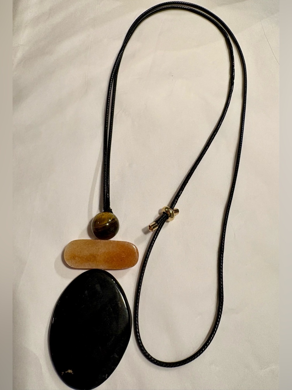 Black Cord Necklace with Amber and Black Stone Pendants 20” Adjustable